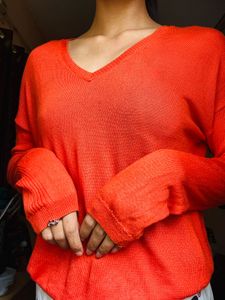 Orange V-Neck Knit Sweater