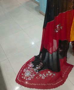 red and black party wear heavy work saree