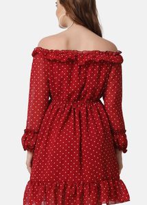 Maroon &amp; White Off-Shoulder Georgette Empire Dre
