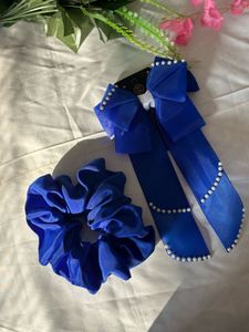 Handmade Blue Pearl Hair Bow Clip With Scrunchie