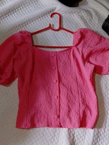 Pink Puff Sleeve Button Top
