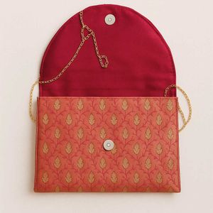 Elegant Rust Brocade Clutch with Golden Chain