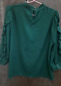 Dark Green Knotted Top With Ruffled Sleeves