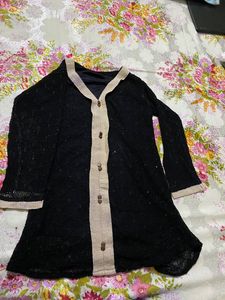 Pure Black Full Sleeves Top With Fancy Nettedtop