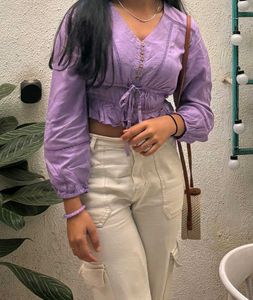Lilac Eyelet Tie-Front Crop Top