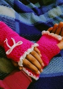 Pink Crochet Wrist Warmers with Bow