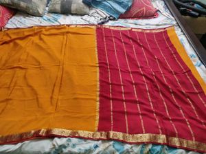 Mustard Yellow And Maroon Pure Crepe Silk Saree