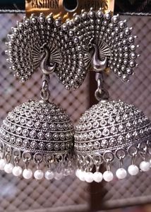 Silver Peacock Jhumka Earrings