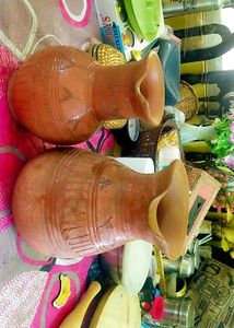 2 Combo Mitti Ke Jugs Vintage Clay Pitcher Set