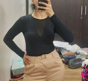 New Sheer Neckline Black Fitted Top