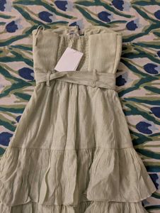 Sage Green Strapless Ruffled Tiered Midi Dress