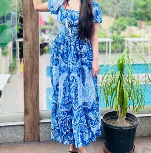 Blue Paisley Print Smocked Maxi Dress