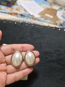 Silver Look Oval Shape Pearl Studs