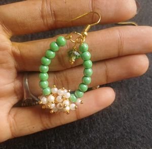 Green Beaded Hoop Earrings with Pearl Accents