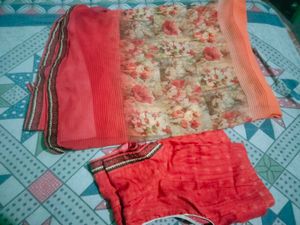 Coral Floral Saree with Blouse