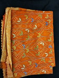 Orange Leaf Print Sari with Lace Border
