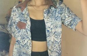 Leather Collar Short Sleeve Crop Shirt
