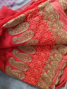 Red &amp; Gold Embroidered Saree Fabric