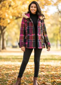 Plaid Fur Trim Coat