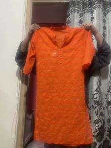Orange Embroidered chicken work Kurta