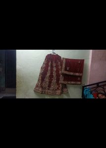 Maroon Velvet Lehenga With Dupatta Set