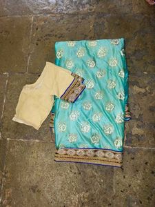 Teal &amp; Gold Embroidered Saree