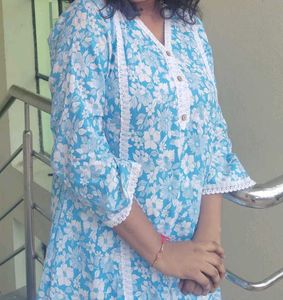 White Blue Floral Kurta.