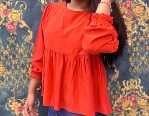 Red Ruffle Sleeve Peplum Top