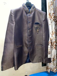 Men&#39;s Blue &amp; Gold Embroidered Sherwani Jacket