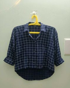 Cropped Blue Plaid 3/4 Sleeve Shirt
