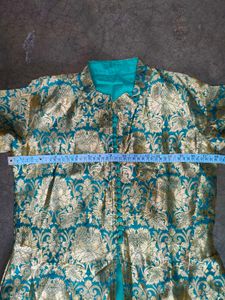 &#34;Women’s Golden Brocade Silk Long Ethnic Jacket