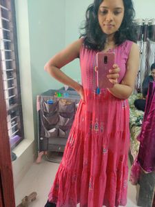 pink kurta with blue detailing