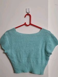 Blue Knit Button-Up Crop Top