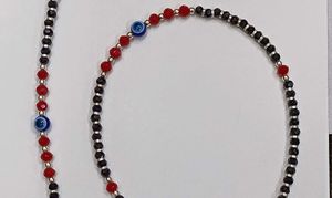 Evil Eye Black &amp; Red Beads Sterling Silver Anklet