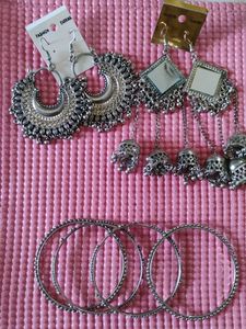 2 Pairs Of Oxidised Silver Earrings & Bangle Set