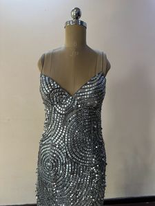 Silver Square Sequins Heavy Embellished Slit Dress