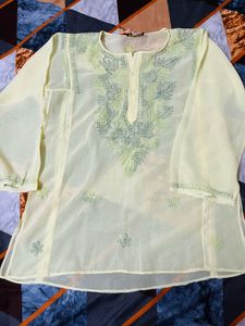 Yellow Net Embroidered Kurti ⭐️