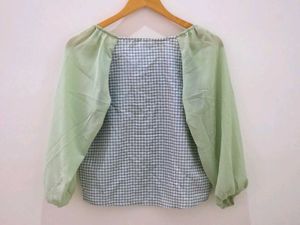 Charming Gingham &amp; Sheer Sleeve Blouse
