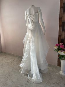 High low white organza-lace gown