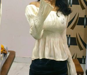 Cream Smocked Long Sleeve Blouse