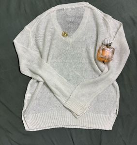 White V-Neck Knit Sweater