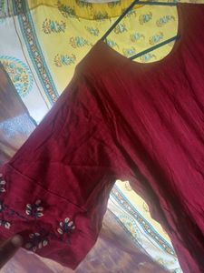 Maroon Cotton Dress with Embroidered Sleeves
