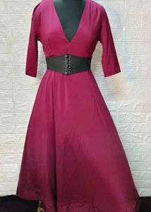 Maroon Flared Gown With Deep Neck