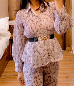 Botanical Print Button-Up With Flared Pants