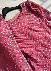Mirror Work Embroidery A Line Gown With Dupatta