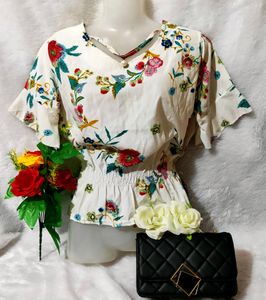 White Floral Cinched Waist Top