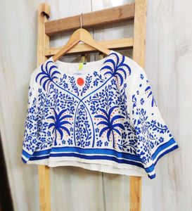 Blue Printed Cotton Top Size-42-44