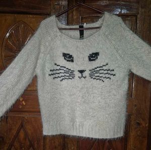 Fuzzy Cat Face Knit Sweater – Cream White