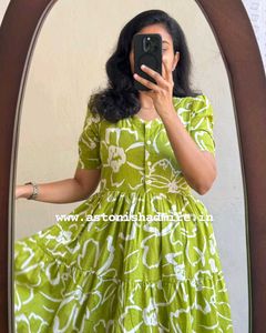 Title:🌿 Elegant Lime Green Floral Cotton Dress 🌸
