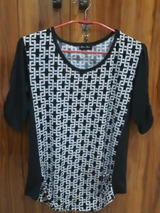 Black And White A-line Cotton Blend Top